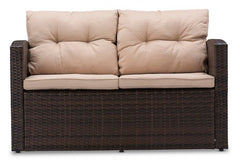 Baxton Studio Imperia Modern and Contemporary PE Rattan 4-Piece Outdoor Loveseat and Chairs in Beige Seating Cushions with Coffee Table Patio Set Outdoor Furniture Sets PAS-1225B