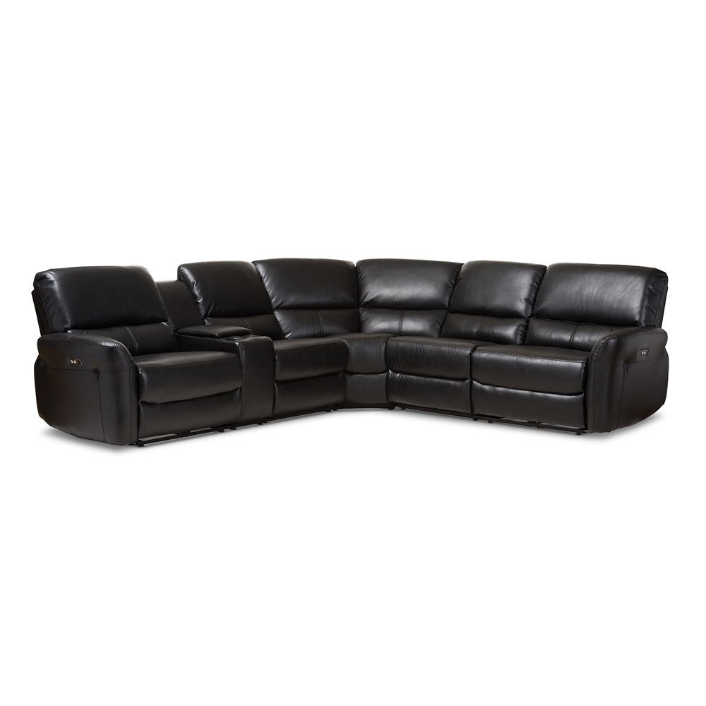 Baxton Studio Amaris Modern and Contemporary Bonded Leather 5-Piece Power Reclining Sectional Sofa with USB Ports Sofa and Sectional Living Room Furniture RX033A-Black-SF