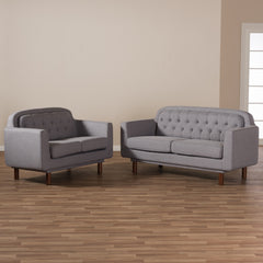 Baxton Studio Virginia Mid-Century Modern Light Grey Fabric Upholstered Walnut Wood Button-Tufted 2-Piece Living Room Sofa Set 810-Light-Grey-2PC-Set