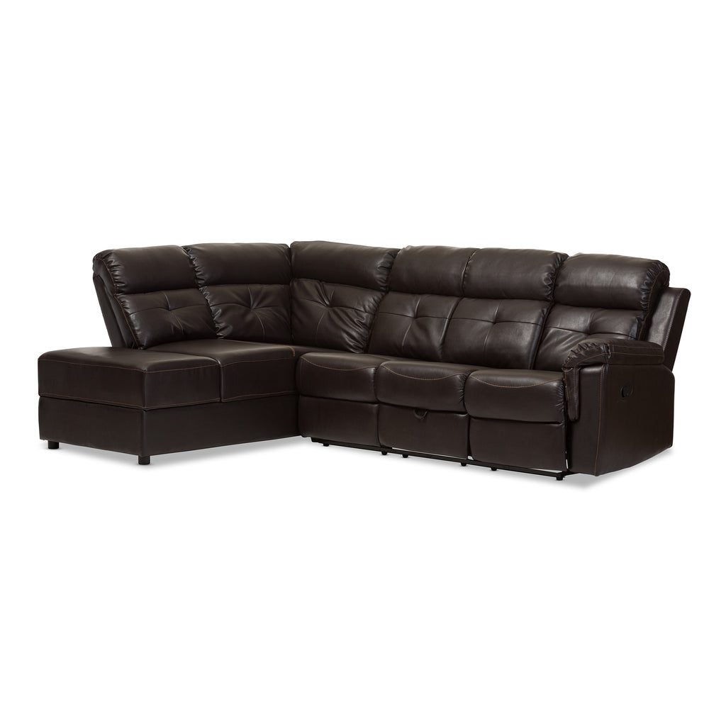 Baxton Studio Roland Modern and Contemporary Dark Brown Faux Leather 2-Piece Sectional with Recliner and Storage Chaise R3838-Dark-Brown-SF