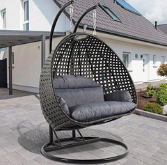 Deluxe Swing Chair Outdoor Furniture PE Rattan Wicker Hanging Hammock with Stand, Cushioned Loveseat Chaise Lounger, Perfect for Patio, Garden, Porch, Backyard, House, Indoor Decor (CHARCOAL)