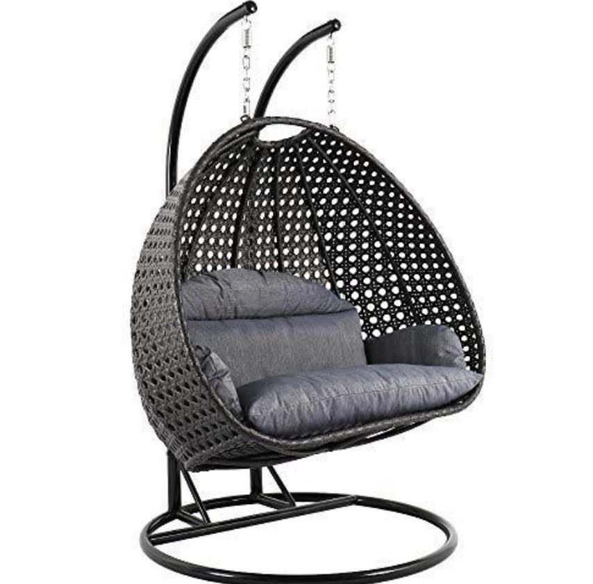 Deluxe Swing Chair Outdoor Furniture PE Rattan Wicker Hanging Hammock with Stand, Cushioned Loveseat Chaise Lounger, Perfect for Patio, Garden, Porch, Backyard, House, Indoor Decor (CHARCOAL)