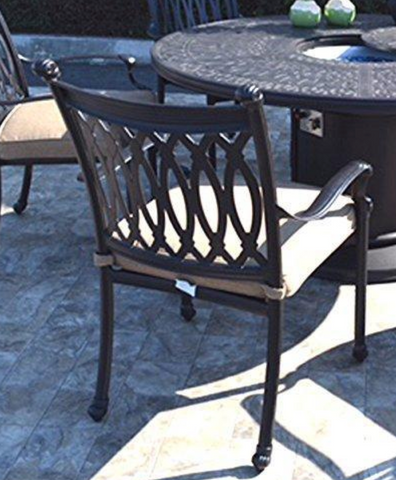 7 pc patio dining set Cast aluminum powder coated burner round table Grand Tuscany outdoor dining chairs and swivels.