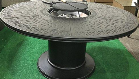 7 pc patio dining set Cast aluminum powder coated burner round table Grand Tuscany outdoor dining chairs and swivels.