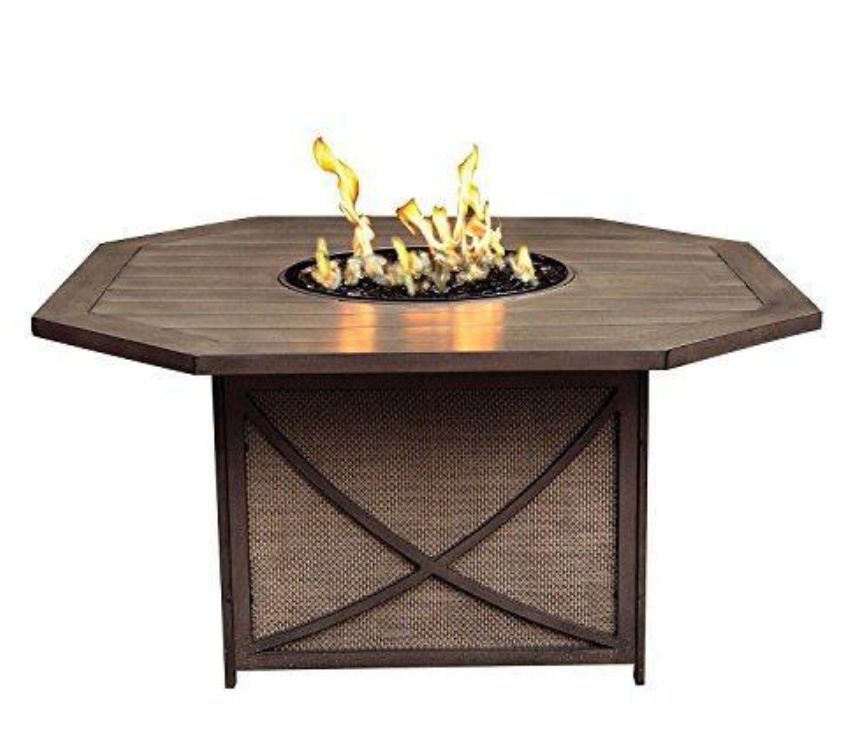 CC Outdoor Living 5-Piece Aluminum Octagonal Smoke Gray Gas Fire Pit Table Set w/Tan Spring Chairs