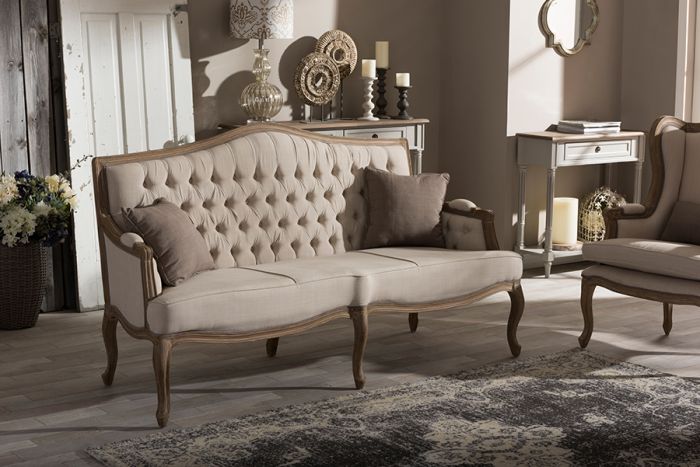 Baxton Studio Oliver French Provincial Style Weathered Oak Wood Beige Fabric Button-tufted Upholstered 3-seater Sofa Living Room Furniture ASS560Mi-CG4