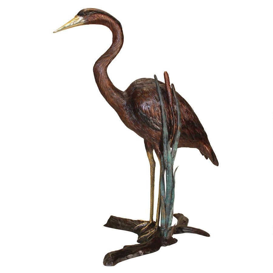 Design Toscano Standing Heron in Reeds Cast Bronze Garden Statue KW81110