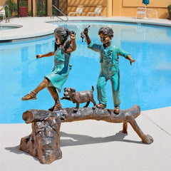 Design Toscano The Adventure, Boy and Girl on Log Cast Bronze Garden Statue PN7064