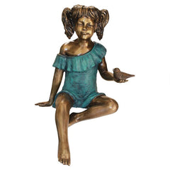 Design Toscano Bridgette with Bird, Little Girl Cast Bronze Garden Statue PN5639