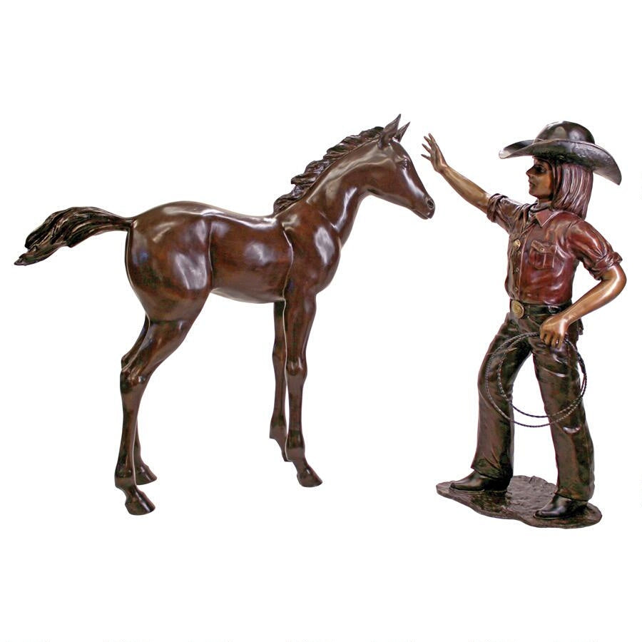 Design Toscano Rodeo Dreams: Cowgirl with Horse Cast Bronze Garden Statues PB91051