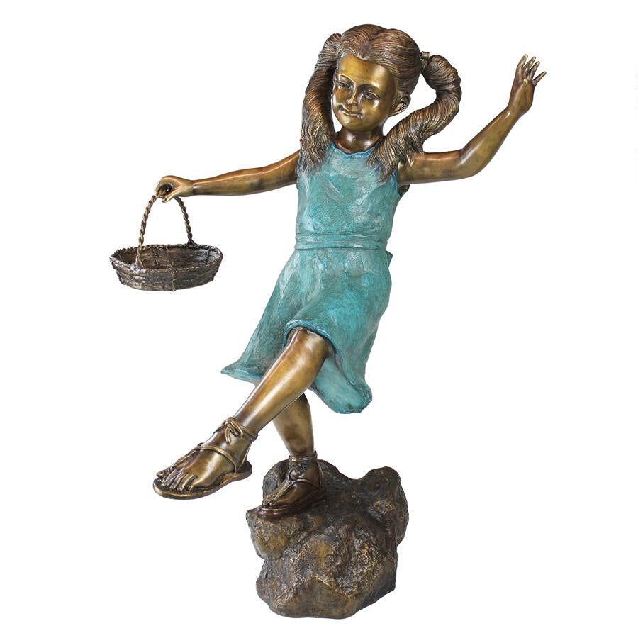 Design Toscano Brittany with a Basket, Little Girl Cast Bronze Garden Statue PN6326