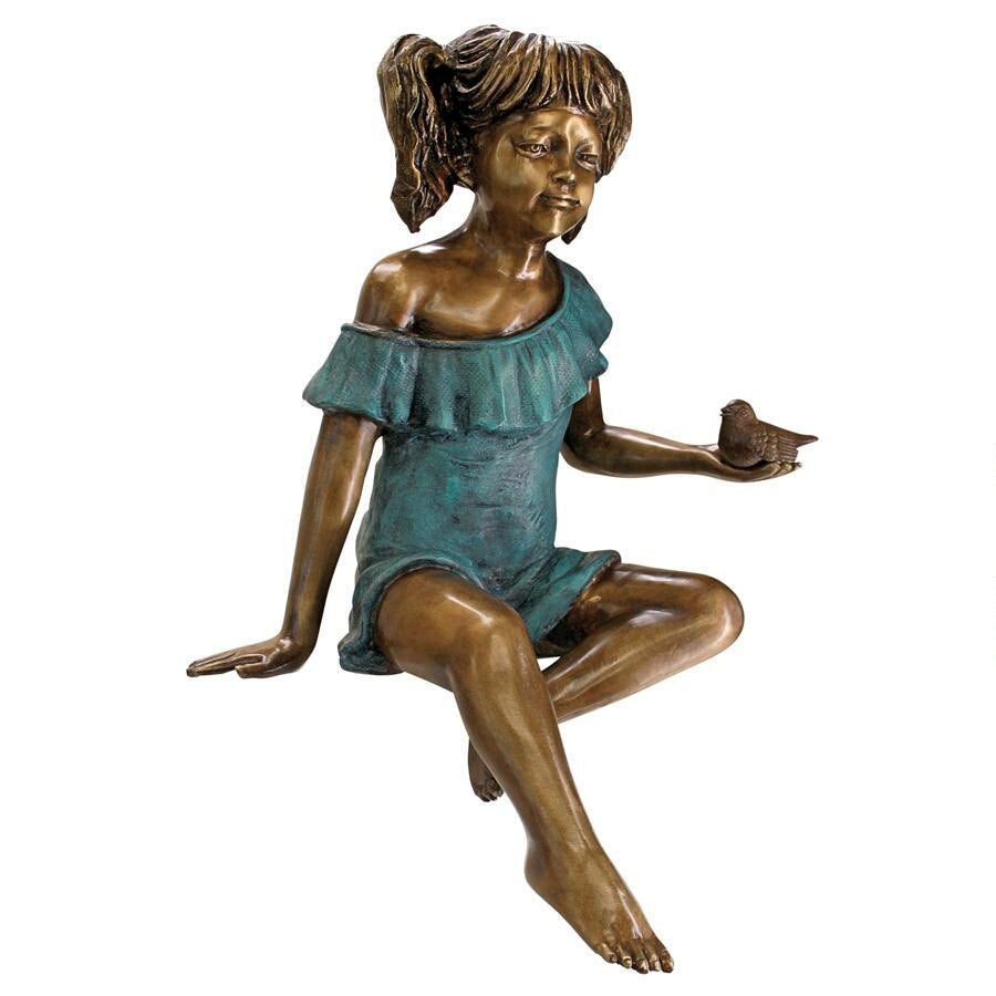 Design Toscano Bridgette with Bird, Little Girl Cast Bronze Garden Statue PN5639