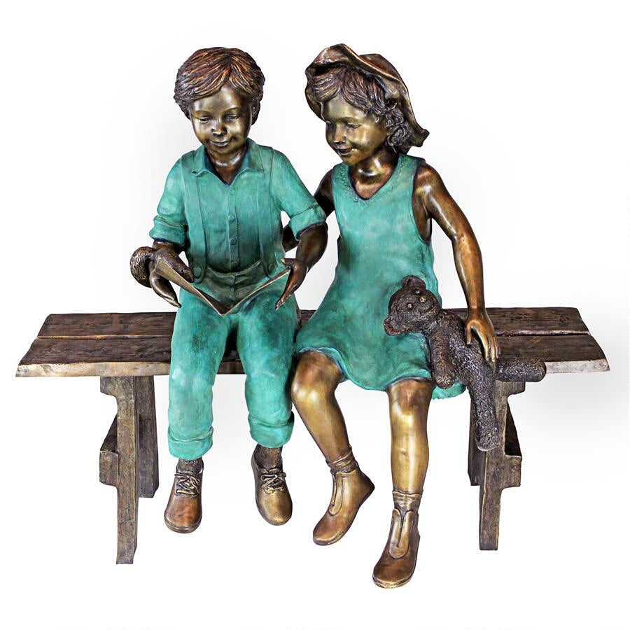Design Toscano Read to Me, Boy and Girl on BenchCast Bronze Garden Statue PN7303