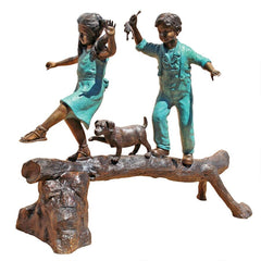 Design Toscano The Adventure, Boy and Girl on Log Cast Bronze Garden Statue PN7064