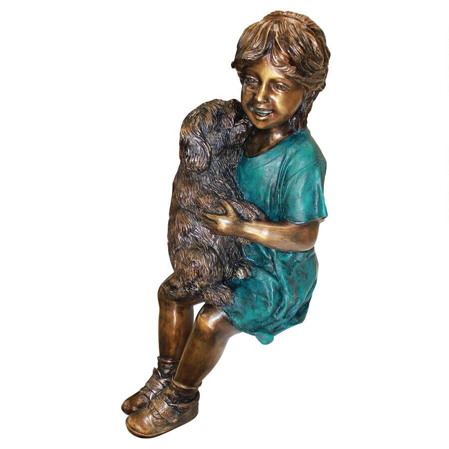 Design Toscano Puppy Kisses, Sitting Girl Cast Bronze Garden Statue PN6570