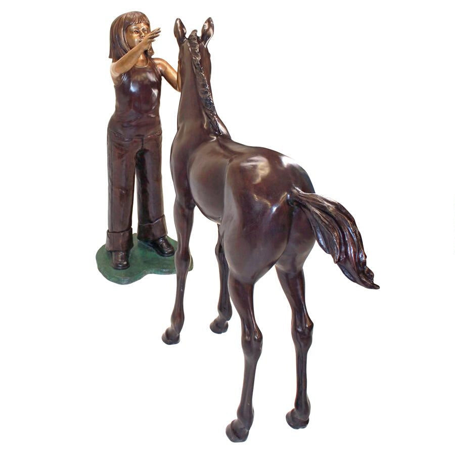 Design Toscano Preening Equestrian Girl and Horse Cast Bronze Garden Statue Set PB91045