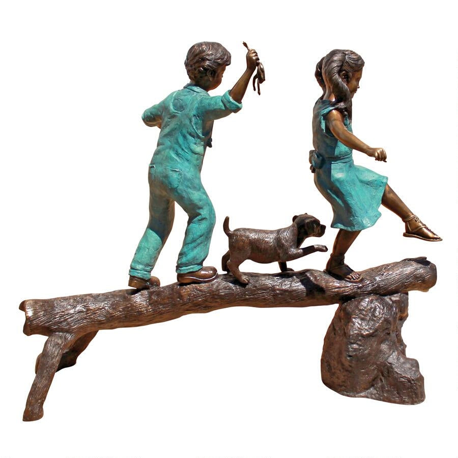 Design Toscano The Adventure, Boy and Girl on Log Cast Bronze Garden Statue PN7064