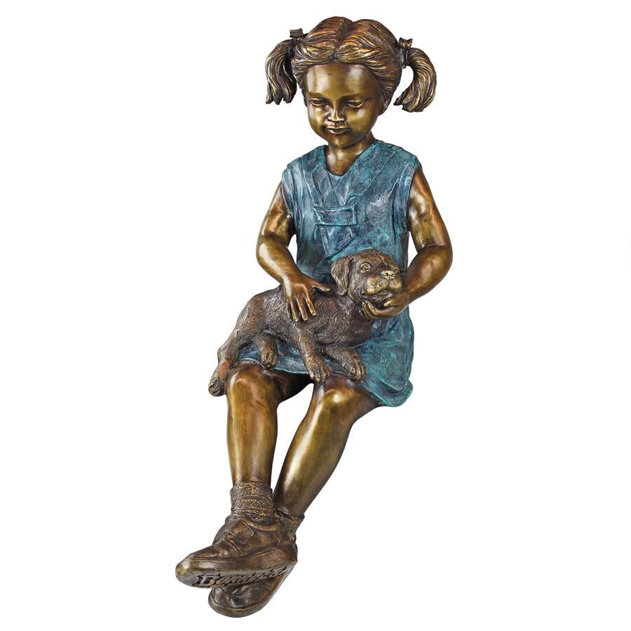 Design Toscano Sitting Savannah, Girl with Dog Cast Bronze Garden Statue PN6341