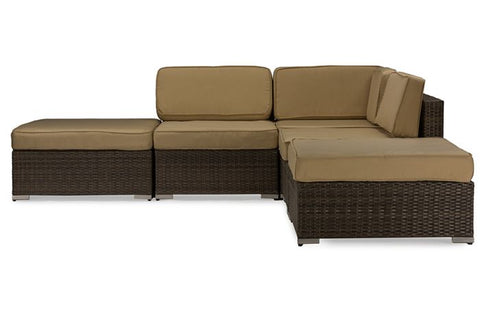 Baxton Studio Owen Brown Wicker and Tan linen Lawn Sectional Sofa Set Outdoor Furniture PAS-1206