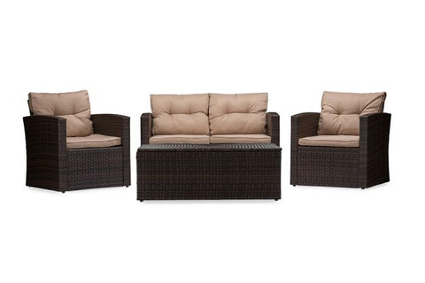 Baxton Studio Imperia Modern and Contemporary PE Rattan 4-Piece Outdoor Loveseat and Chairs in Beige Seating Cushions with Coffee Table Patio Set Outdoor Furniture Sets PAS-1225B